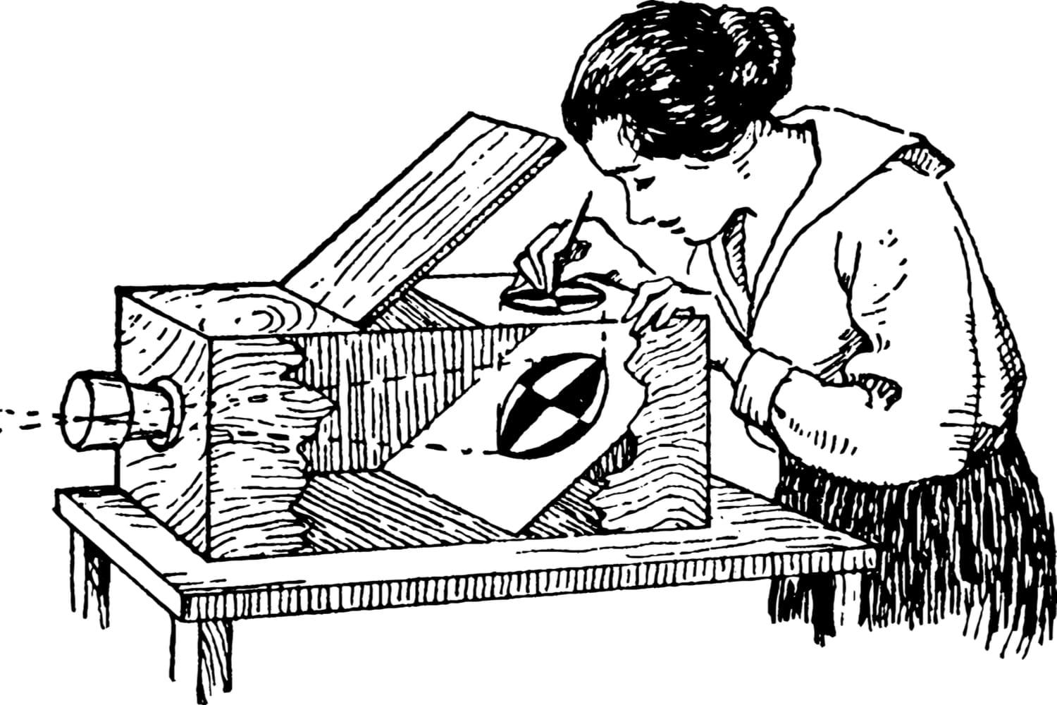 Kvinna som ritar med en camera obscura